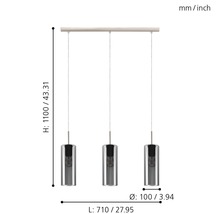 Lampă suspendată cu trei becuri și dimensiuni.