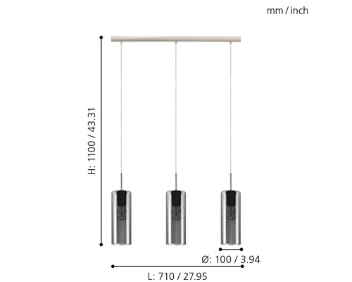 Lampă suspendată cu trei becuri și dimensiuni.