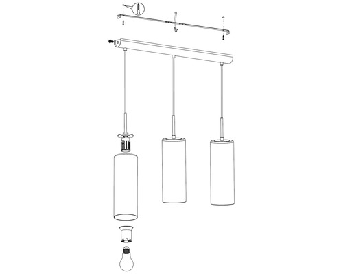 Desen explodat al unei lămpi suspendate cu trei abajururi, instrucțiuni de montaj