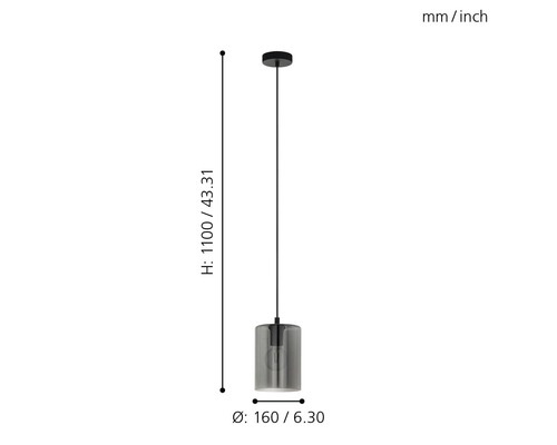 Lumină suspendată cu dimensiunile de 1100 milimetri înălțime și 160 milimetri diametru