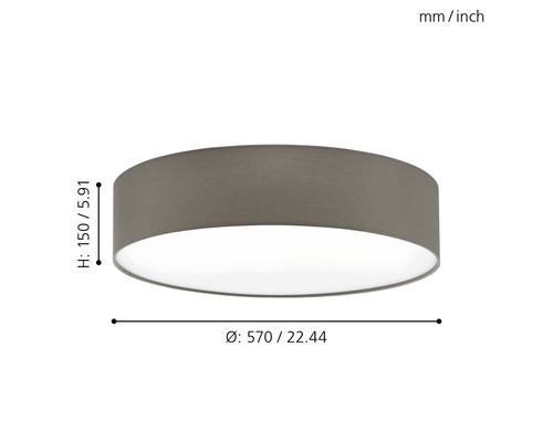 Lumină de plafon cu diametrul de 570 milimetri și înălțimea de 150 milimetri