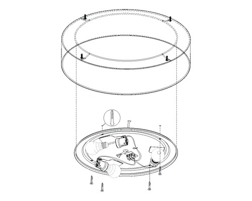 Desen explodat al unei lămpi de tavan cu instrucțiuni de montare și material de fixare