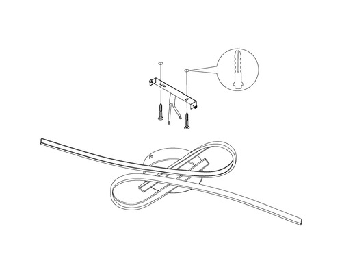 Instrucțiuni de instalare pentru plafonieră LED cu suport de montaj, dibluri și șuruburi.