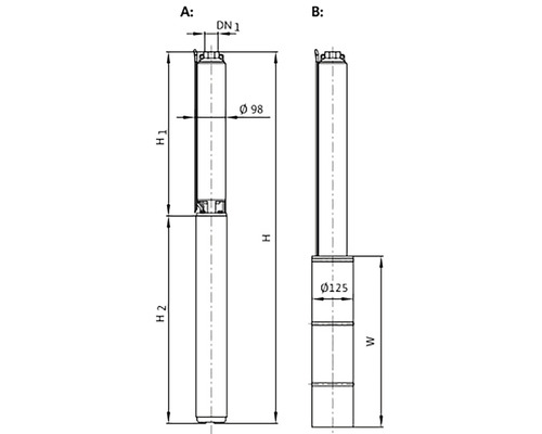 Desen tehnic al unei pompe submersibile cu motor cu dimensiuni