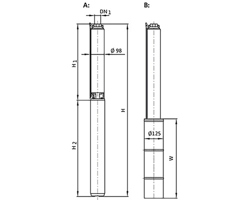 Desen tehnic al unei pompe submersibile cu dimensiuni