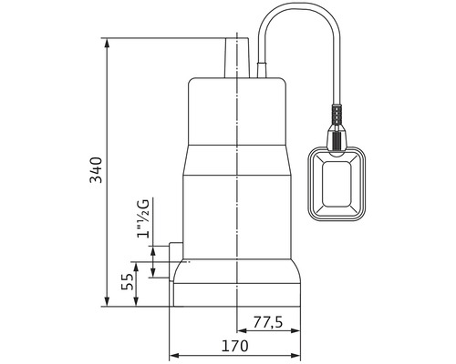 Desen tehnic al unei pompe submersibile cu dimensiuni indicate