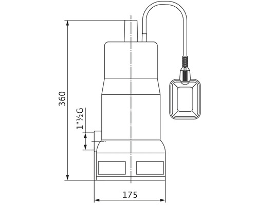 Desen tehnic al unei pompe de ape murdare cu dimensiunile 360 mm înălțime și 175 mm lățime