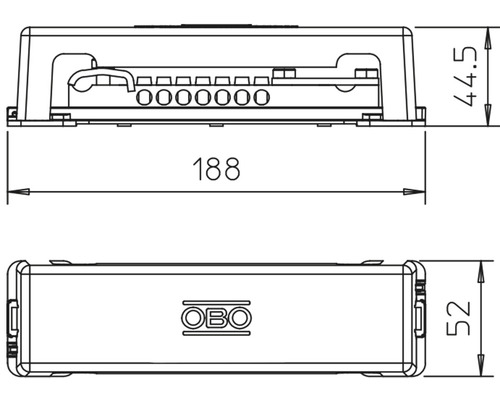 Desen tehnic al unei cutii OBO cu dimensiuni: 188 milimetri lungime, 44,5 milimetri înălțime, 52 milimetri lățime