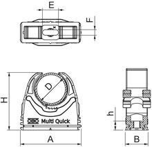 Desen tehnic al unei cleme de țeavă cu dimensiunile A, B, D, E, F, H și h.