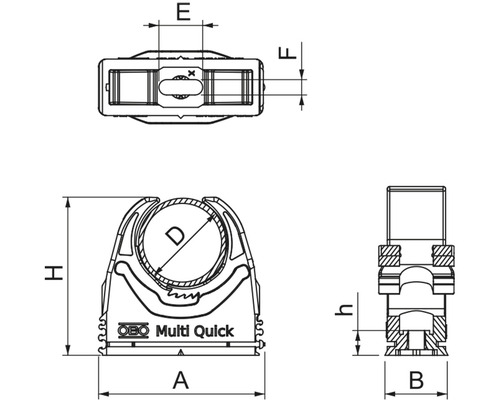 Desen tehnic al unei cleme de țeavă cu dimensiunile A, B, D, E, F, H și h.
