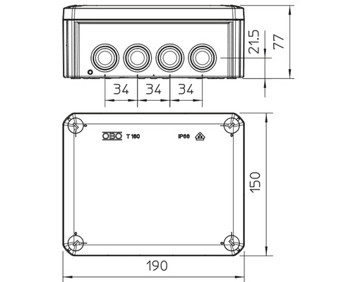 Desen tehnic al unei cutii de joncțiune OBO cu dimensiuni
