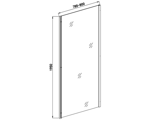 Desen tehnic al unui perete de duș cu dimensiunile 1950, 785 până la 800