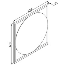Desen tehnic al unei oglinzi pătrate cu dimensiunile 635 x 635 mm și o ramă de 20 mm.