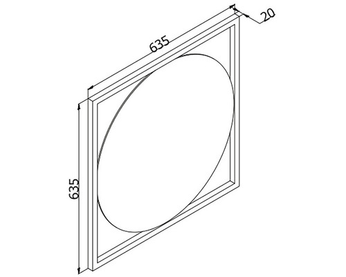 Desen tehnic al unei oglinzi pătrate cu dimensiunile 635 x 635 mm și o ramă de 20 mm.