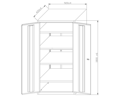 Desen tehnic al unui dulap cu uși deschise și rafturi interne cu dimensiuni