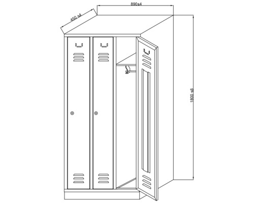 Desen tehnic al unui dulap cu două compartimente și dimensiuni.