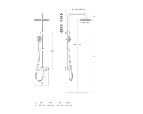 Desen tehnic al unui sistem de duș cu cote de înălțime