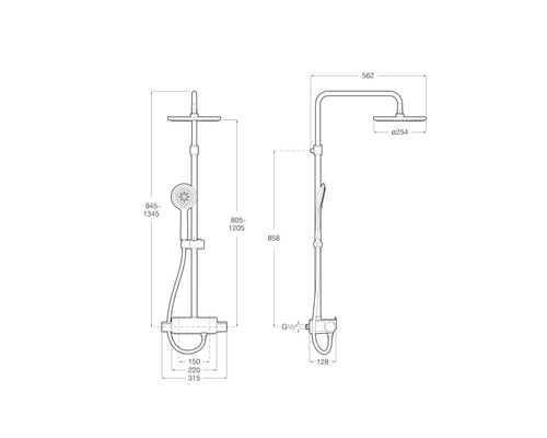 Desen tehnic al unei baterii de duș cu dimensiuni