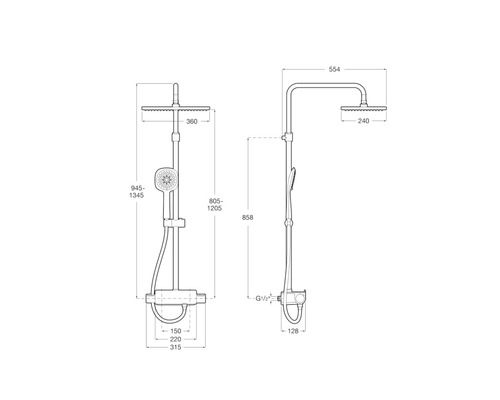 Desen tehnic al unei baterii de duș cu dimensiuni