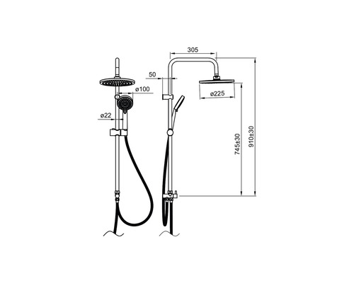 Desen tehnic al unui panou de duș cu duș fix și duș de mână, cu dimensiuni