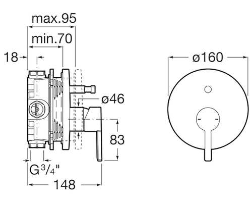 Desen tehnic al unei baterii de duș cu dimensiuni