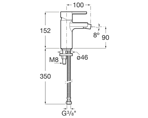 Desen tehnic al unui robinet de lavoar cu dimensiuni