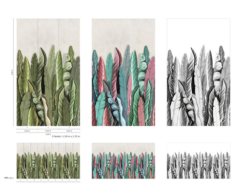 Ilustrație cu panouri de tapet cu motive de frunze tropicale în diferite variante de culoare.