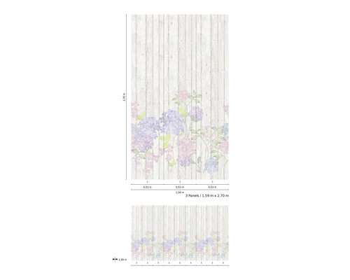 Fototapet cu model floral și aspect de lemn, format din trei fâșii