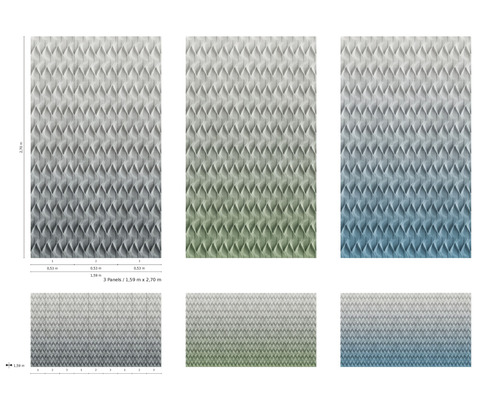 Mai multe panouri de tapet cu model tridimensional de romburi și tranziții de culoare.