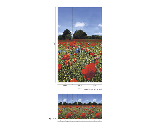 Fototapet cu câmp de maci, format din trei fâșii