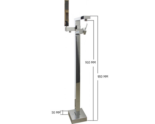 Baterie de baie independentă cu duș de mână și dimensiunile de 910 mm și 950 mm.