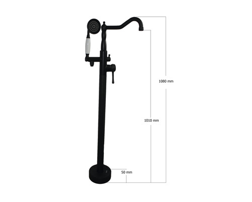Baterie de cadă independentă cu duș de mână și dimensiuni.