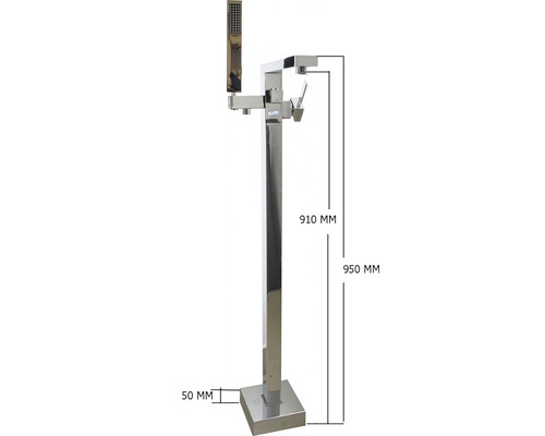 Baterie de cadă freestanding cu duș de mână și dimensiuni.