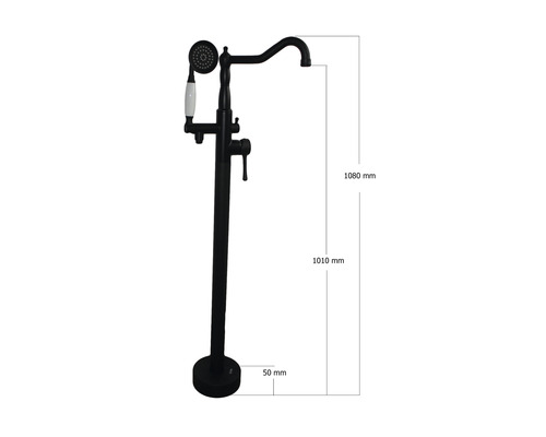 Baterie de baie freestanding cu duș de mână și indicații de măsurare