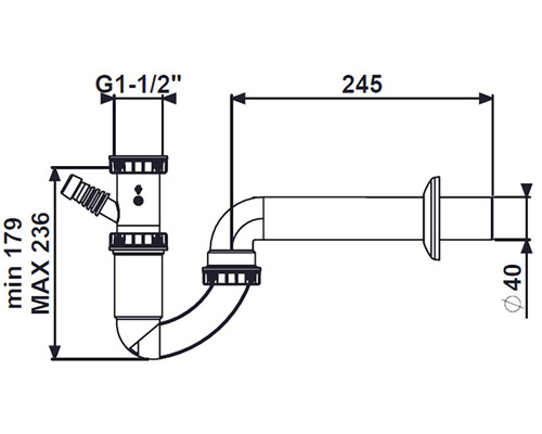 Schema de sifon cu dimensiunile G1-1/2 inch, minim 179, maxim 236 și 40 și 245.