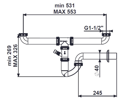 Desen tehnic al unui sifon cu indicații de dimensiuni