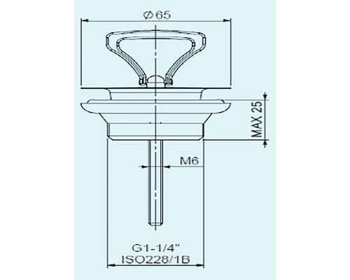 Desen tehnic al unui dop cu dimensiunile diametru 65, maxim 25, M6 și G 1-1/4 inch ISO228/1B