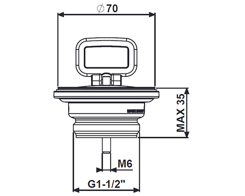 Desen tehnic al unei supape de scurgere cu dimensiunile de 70 milimetri diametru, înălțime maximă de 35 milimetri, M6 și G1-1/2 țoli.