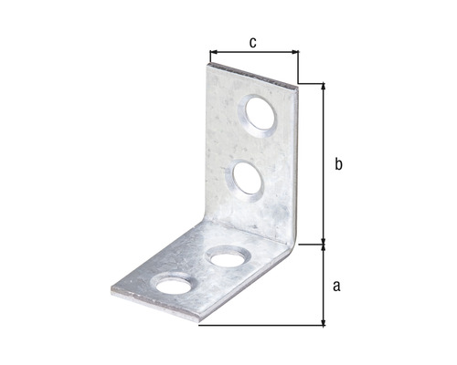 Conector unghiular din metal cu găuri și dimensiunile a, b, c