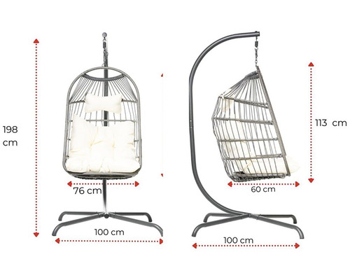 Scaun suspendat cu cadru și indicații de dimensiune