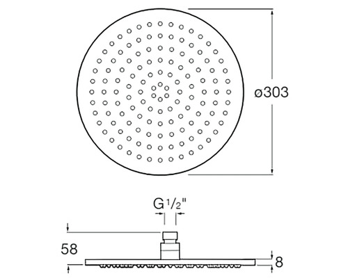 Desen tehnic al unui cap de duș cu indicații de dimensiuni