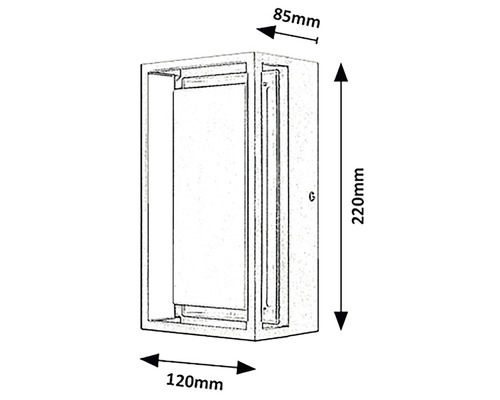 Desen al unei cutii de instalație cu dimensiunile de 85 mm x 120 mm x 220 mm