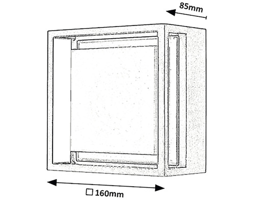 Schiță a unui spot încastrat în perete cu dimensiunile de 85 mm și 160 mm.