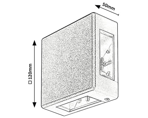 Imaginea unei lămpi de exterior cu dimensiunile de 120 mm înălțime și 50 mm adâncime.