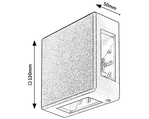 Schiță a unei lămpi de perete cu dimensiunile de 120 mm înălțime și 50 mm adâncime.