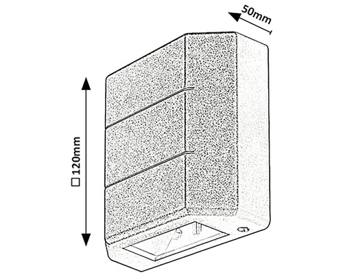 Imagine cu o lampă de exterior cu dimensiunile de 120 mm înălțime și 50 mm adâncime.