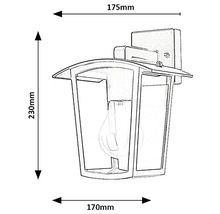 Schiță a unei lămpi de perete exterioare cu dimensiuni: 230 mm înălțime, 175 mm lățime și 170 mm adâncime.