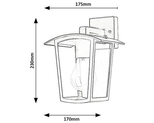 Schiță a unei lămpi de perete exterioare cu dimensiuni: 230 mm înălțime, 175 mm lățime și 170 mm adâncime.