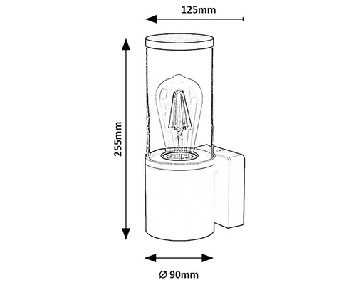 Schiță a unei lămpi de perete cu dimensiunile de 255 mm înălțime, 125 mm adâncime și 90 mm diametru