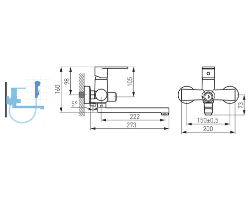 Desen tehnic al unui robinet de baie cu dimensiuni